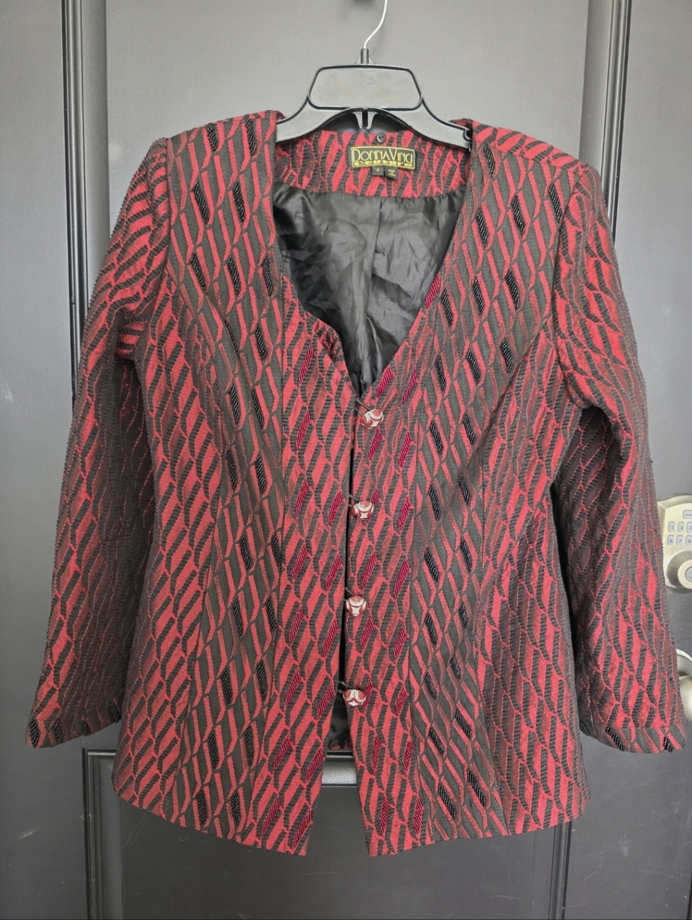 Donna Vinci Couture Jacket Size 8 Red Black Textured Blazer Button Front Career